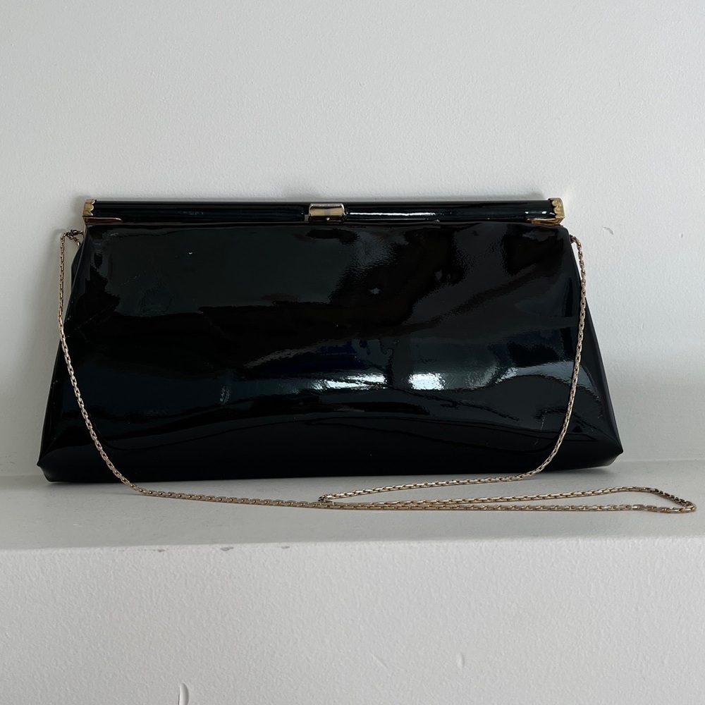 VINTAGE Black Patent Shiny Evening Shoulder Bag Chain Strap Chic Glamour Party
